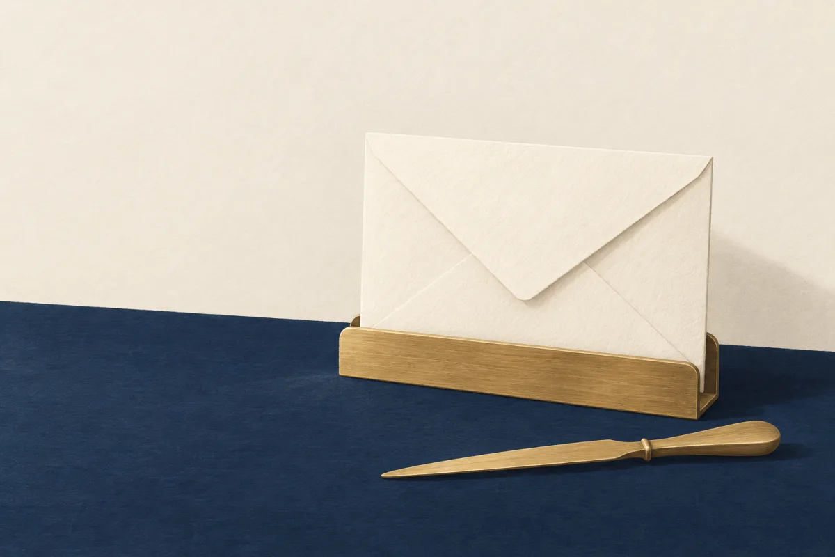 Illustration: an ivory envelope in a brass letter holder on a navy desk, with a brass letter opener